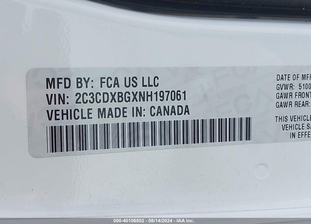 2022 DODGE CHARGER SXT RWD VIN: 2C3CDXBGXNH197061
