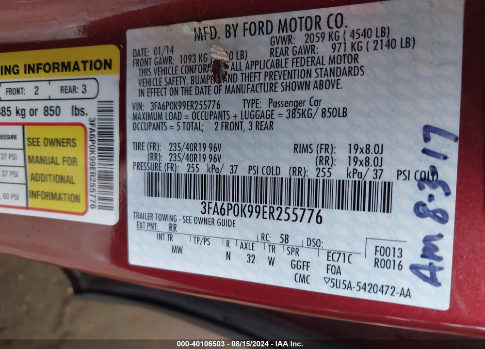 2014 FORD FUSION TITANIUM VIN: 3FA6P0K99ER255776