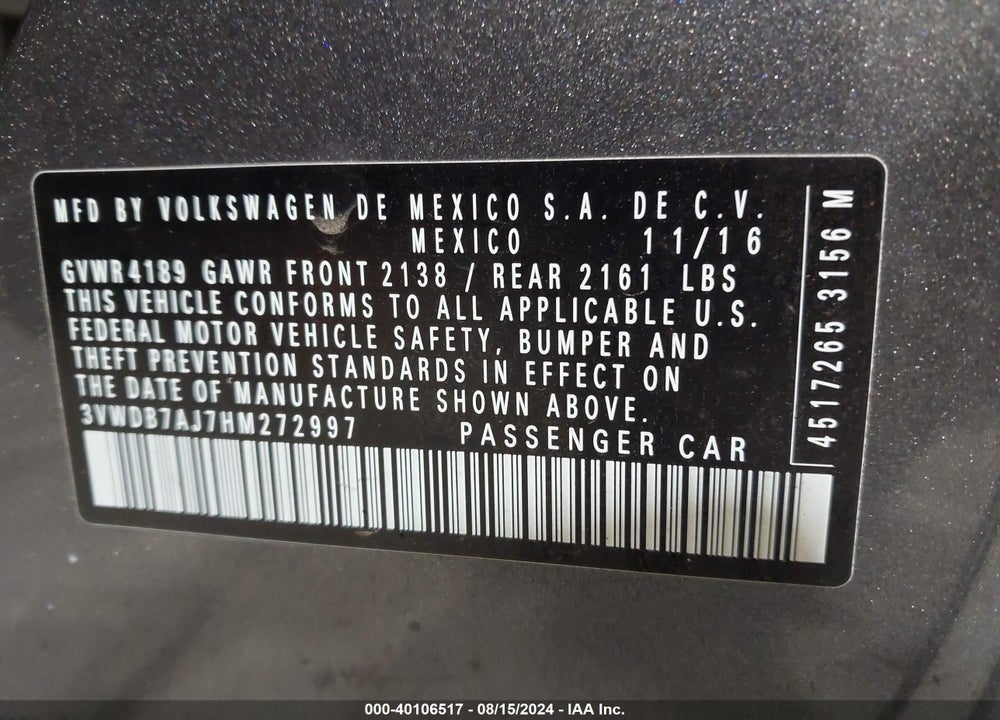 2017 VOLKSWAGEN JETTA 1.4T SE VIN: 3VWDB7AJ7HM272997