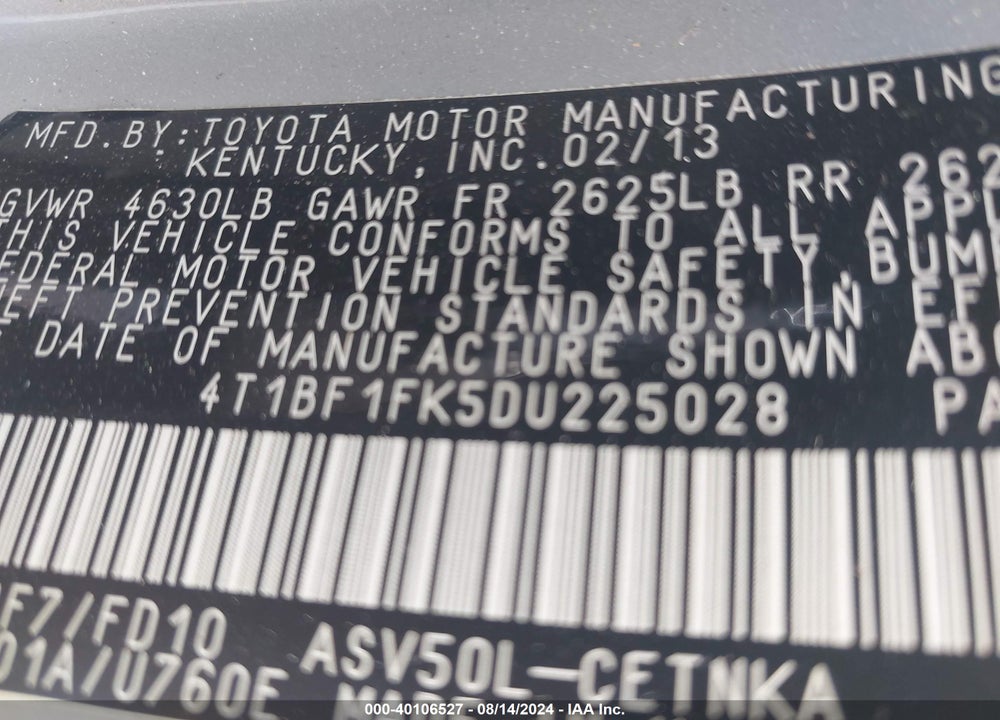 2013 TOYOTA CAMRY LE VIN: 4T1BF1FK5DU225028