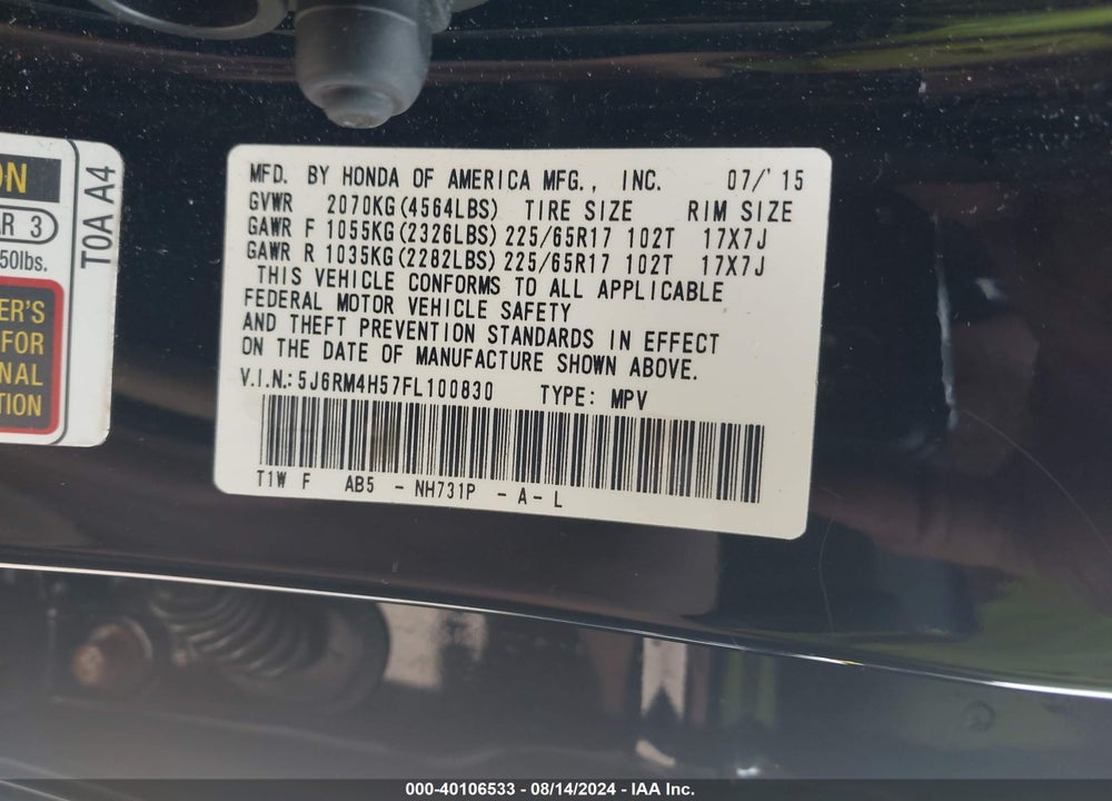 2015 HONDA CR-V EX VIN: 5J6RM4H57FL100830