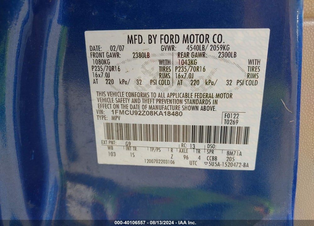 2008 FORD ESCAPE XLS VIN: 1FMCU92Z08KA18480
