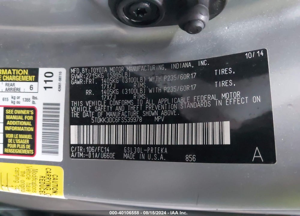 2015 TOYOTA SIENNA LE 8 PASSENGER VIN: 5TDKK3DC6FS539978