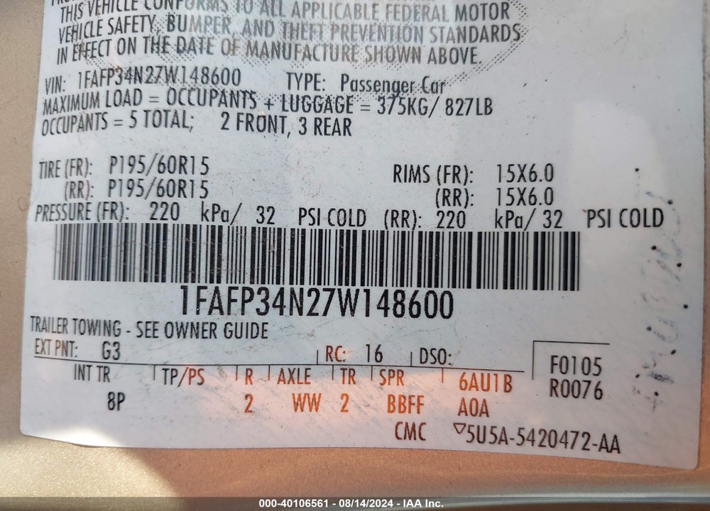 2007 FORD FOCUS VIN: 1FAFP34N27W148600