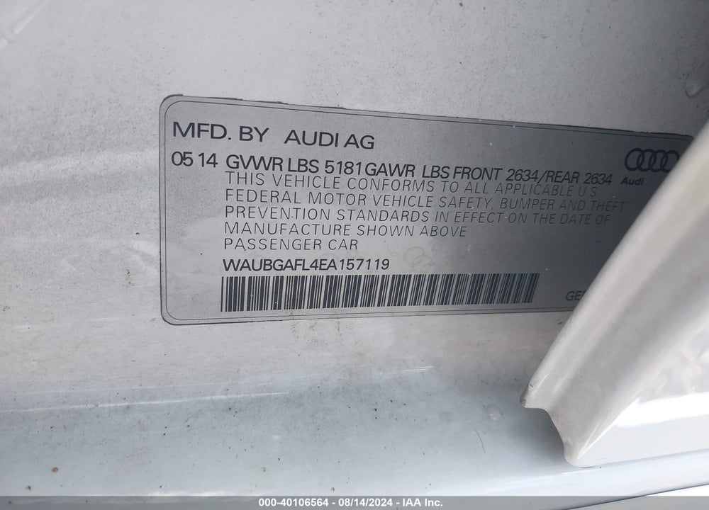 2014 AUDI S4 3.0T PREMIUM PLUS VIN: WAUBGAFL4EA157119