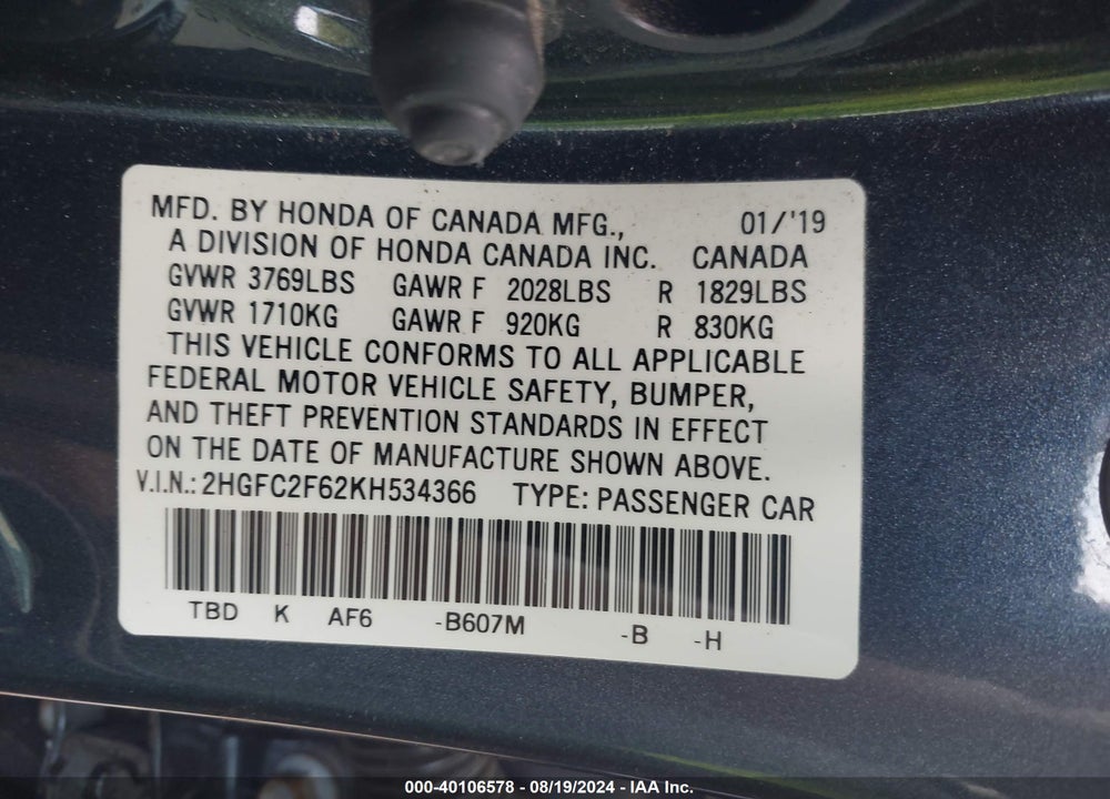 2019 HONDA CIVIC LX VIN: 2HGFC2F62KH534366