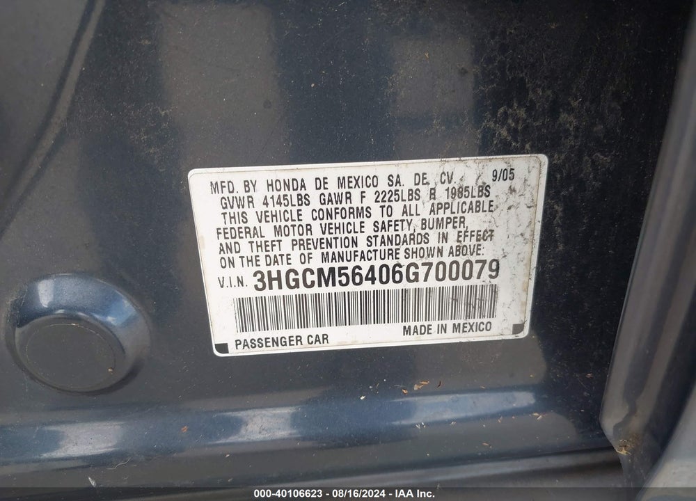 2006 HONDA ACCORD 2.4 LX VIN: 3HGCM56406G700079