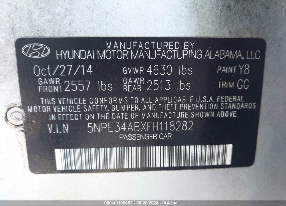 2015 HYUNDAI SONATA LIMITED 2.0T VIN: 5NPE34ABXFH118282