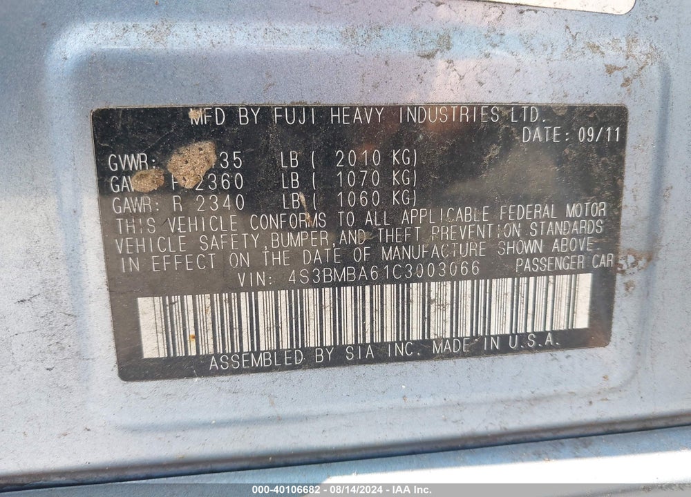 2012 SUBARU LEGACY 2.5I VIN: 4S3BMBA61C3003066