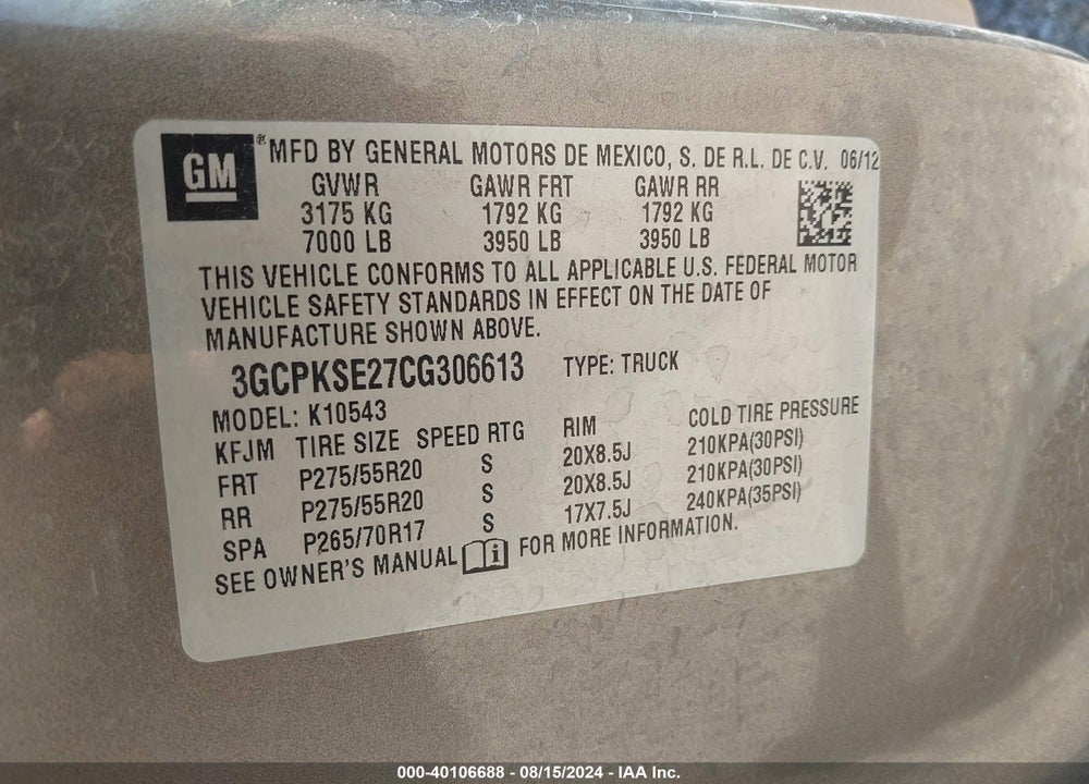 2012 CHEVROLET SILVERADO 1500 LT VIN: 3GCPKSE27CG306613