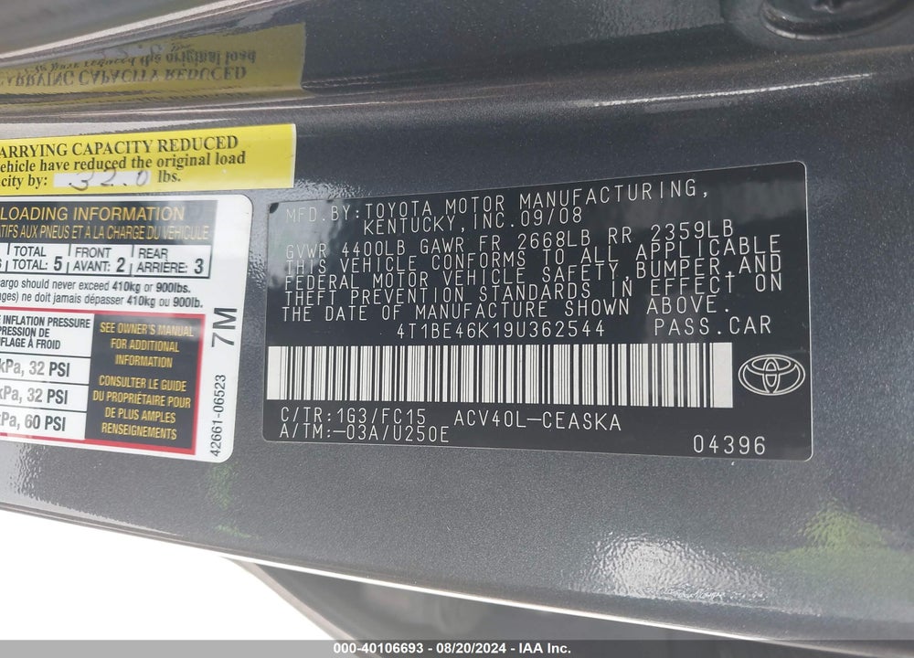 2009 TOYOTA CAMRY SE VIN: 4T1BE46K19U362544