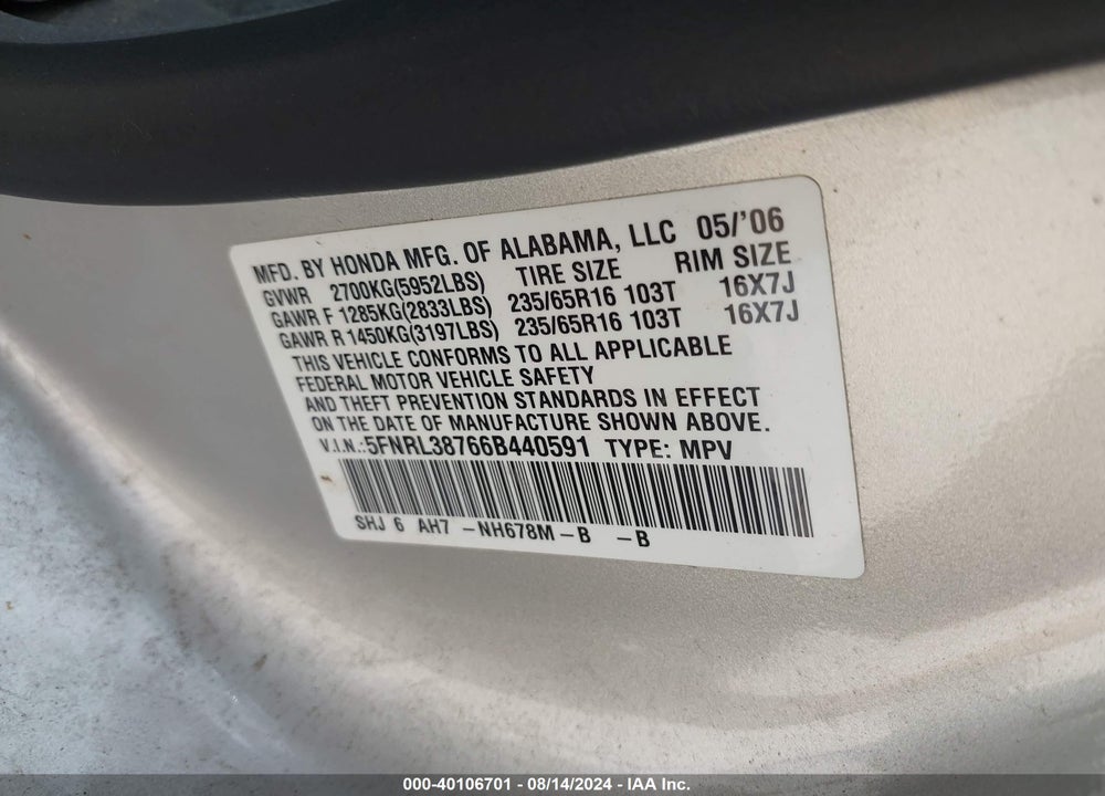 2006 HONDA ODYSSEY VIN: 5FNRL38766B440591