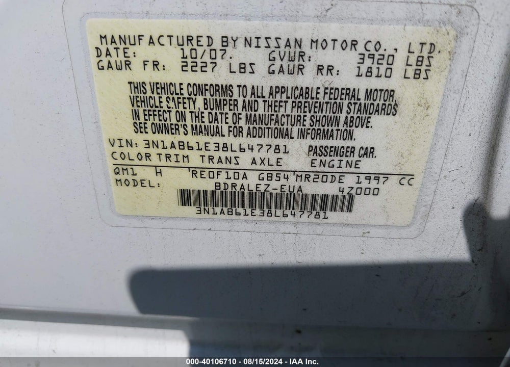 2008 NISSAN SENTRA 2.0S VIN: 3N1AB61E38L647781