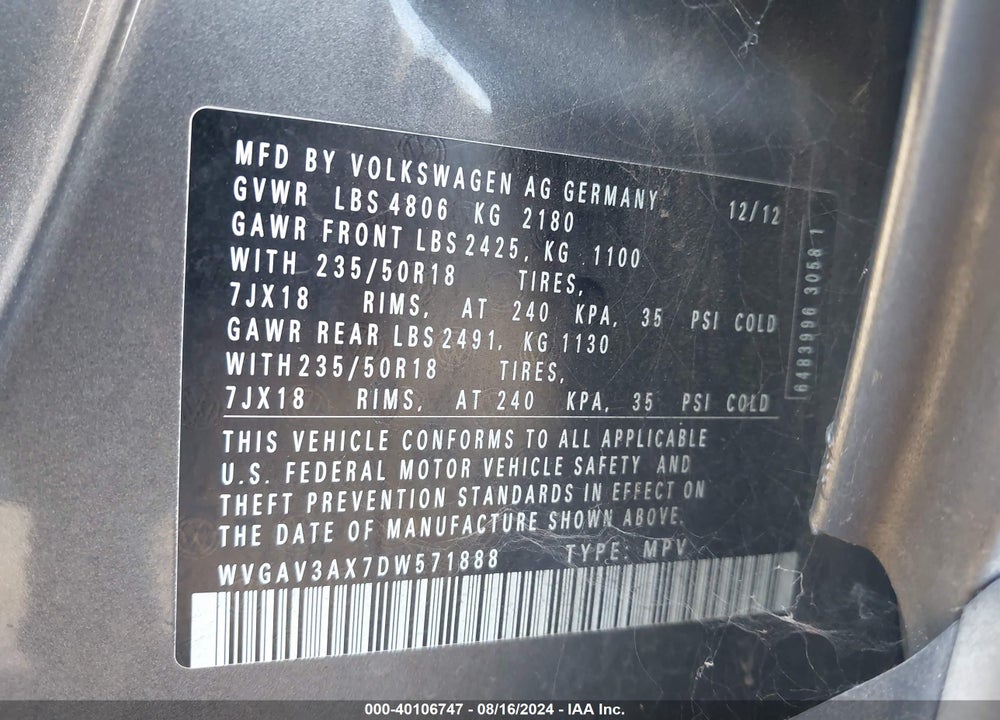 2013 VOLKSWAGEN TIGUAN SE VIN: WVGAV3AX7DW571888