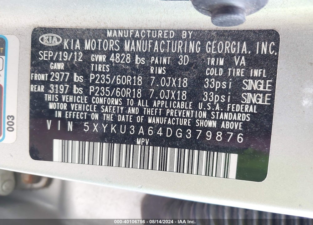 2013 KIA SORENTO EX VIN: 5XYKU3A64DG379876