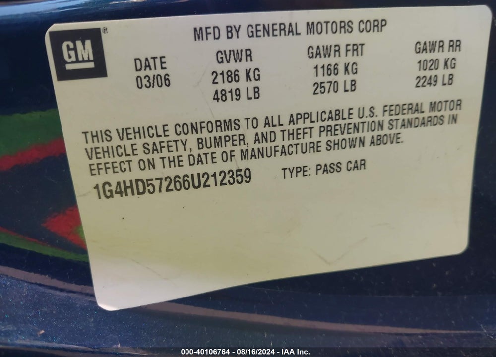 2006 BUICK LUCERNE CXL VIN: 1G4HD57266U212359