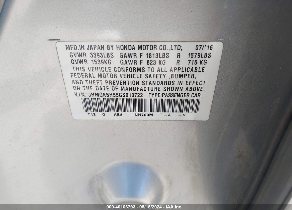 2016 HONDA FIT LX VIN: JHMGK5H55GS010722