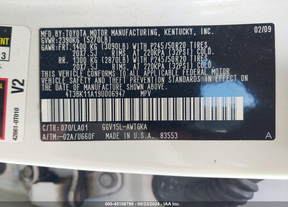 2009 TOYOTA VENZA BASE V6 VIN: 4T3BK11A19U006947