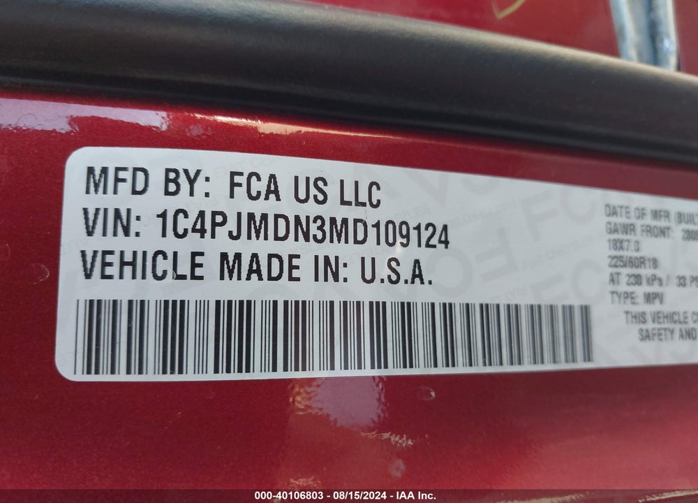 2021 JEEP CHEROKEE LIMITED 4X4 VIN: 1C4PJMDN3MD109124