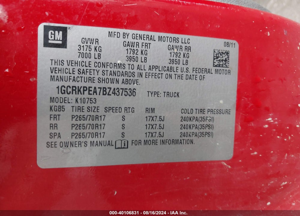 2011 CHEVROLET SILVERADO 1500 VIN: 1GCRKPEA7BZ437536