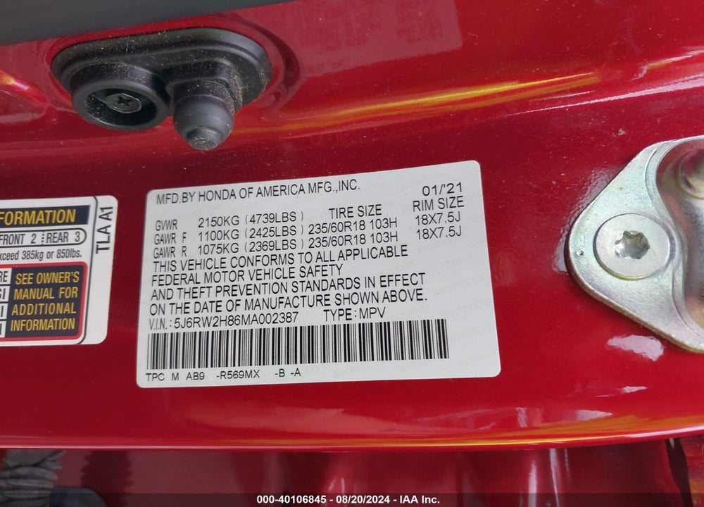 2021 HONDA CR-V AWD EX-L VIN: 5J6RW2H86MA002387