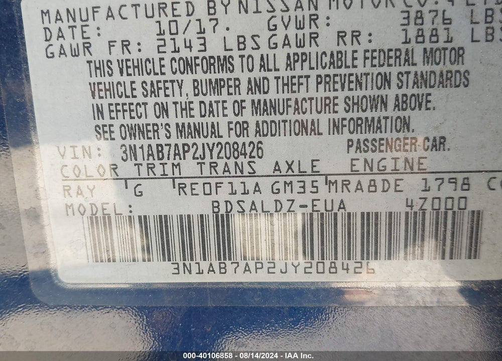 2018 NISSAN SENTRA VIN: 3N1AB7AP2JY208426