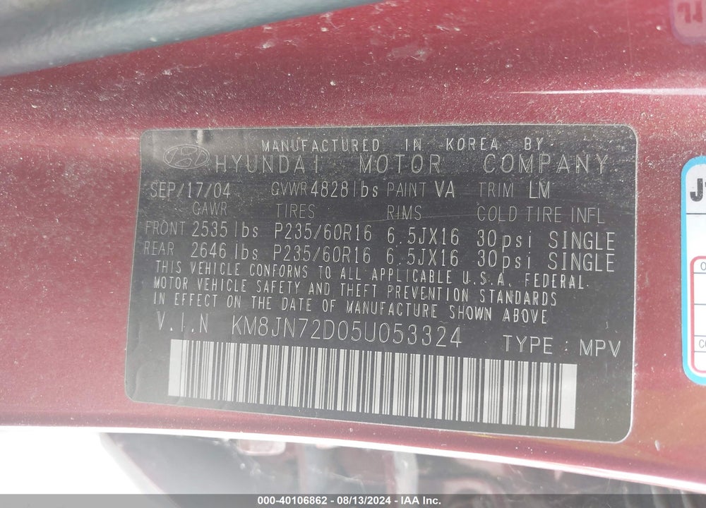 2005 HYUNDAI TUCSON GLS/LX VIN: KM8JN72D05U053324