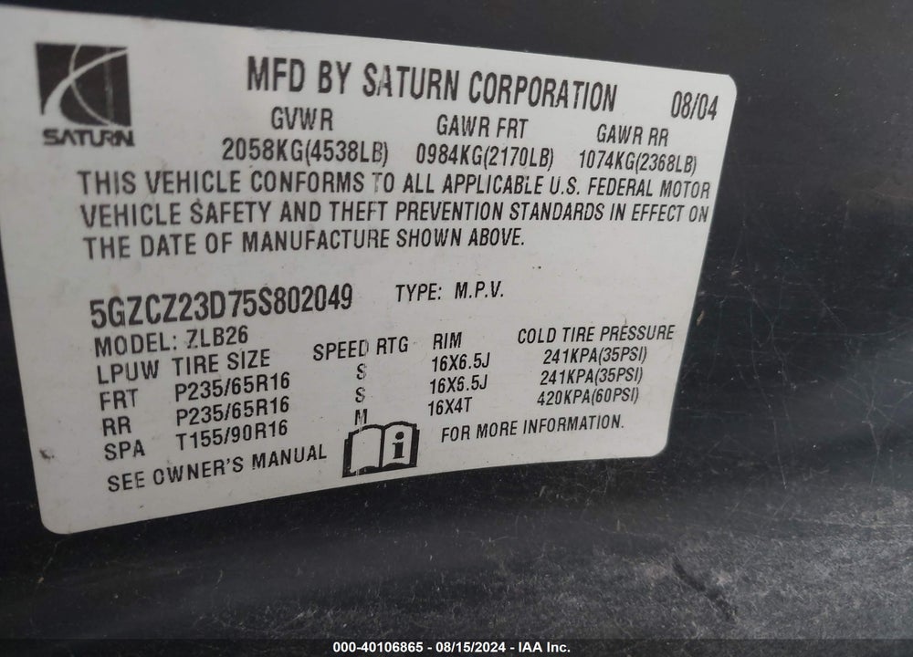 2005 SATURN VUE 4 CYL VIN: 5GZCZ23D75S802049