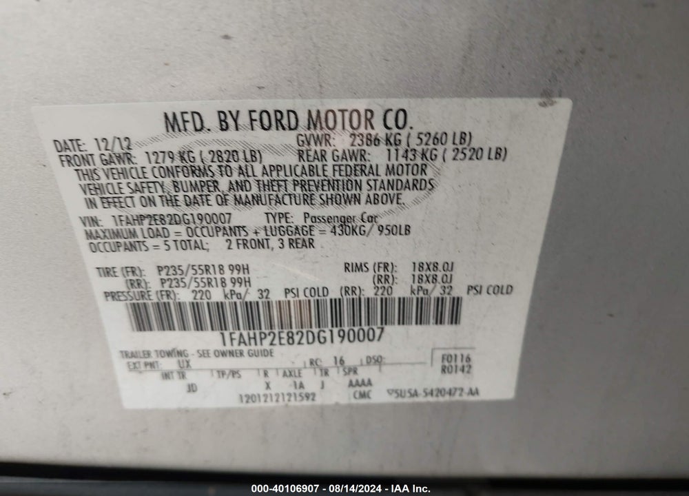 2013 FORD TAURUS SEL VIN: 1FAHP2E82DG190007