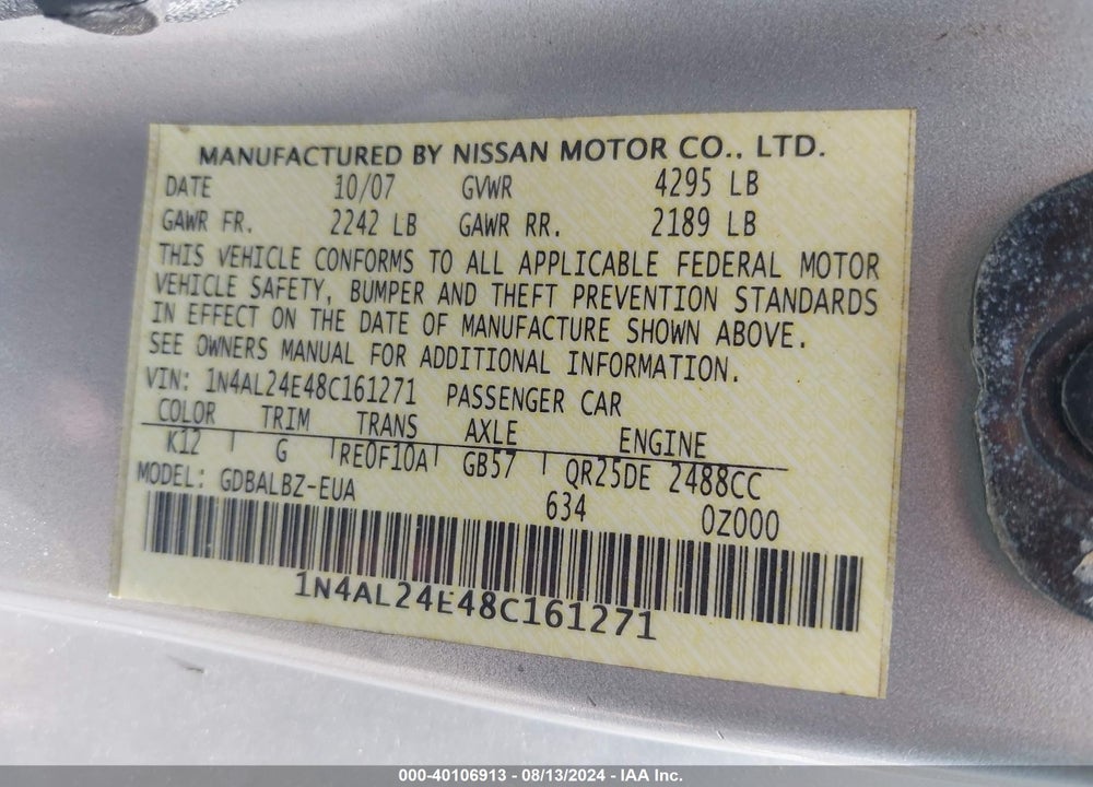 2008 NISSAN ALTIMA 2.5 S VIN: 1N4AL24E48C161271