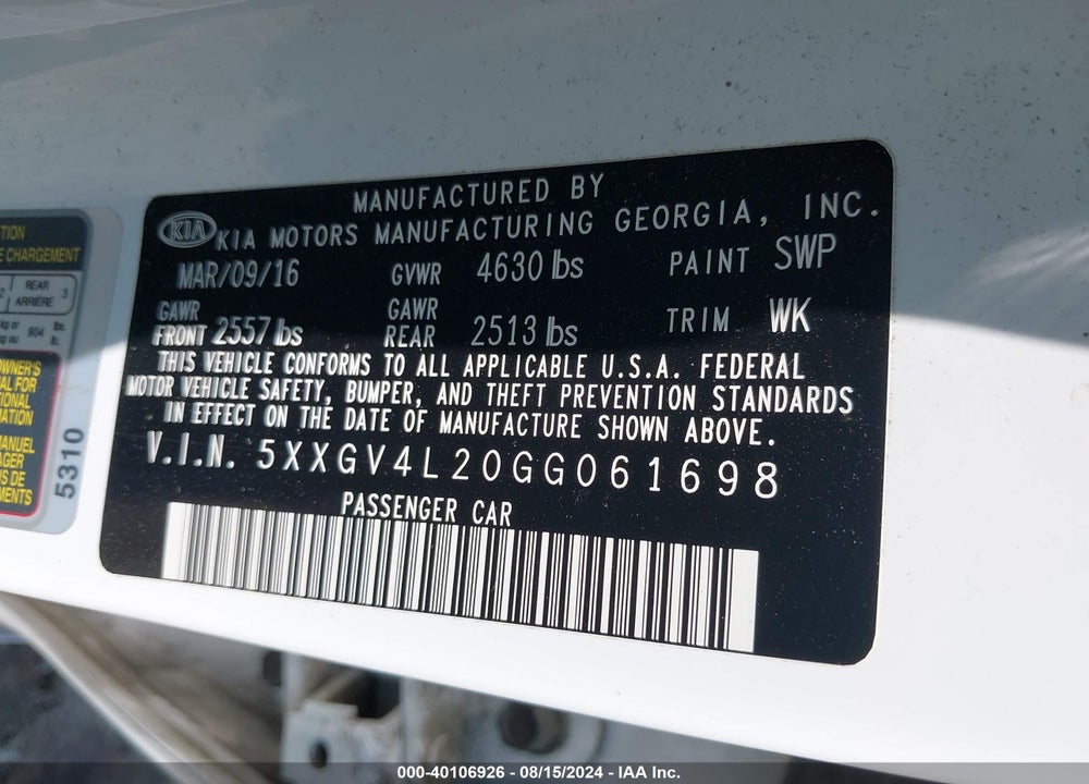 2016 KIA OPTIMA SXL TURBO VIN: 5XXGV4L20GG061698