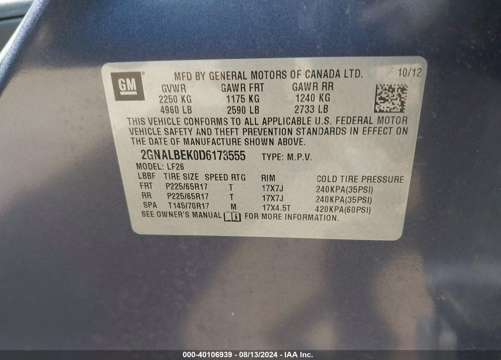 2013 CHEVROLET EQUINOX LS VIN: 2GNALBEK0D6173555
