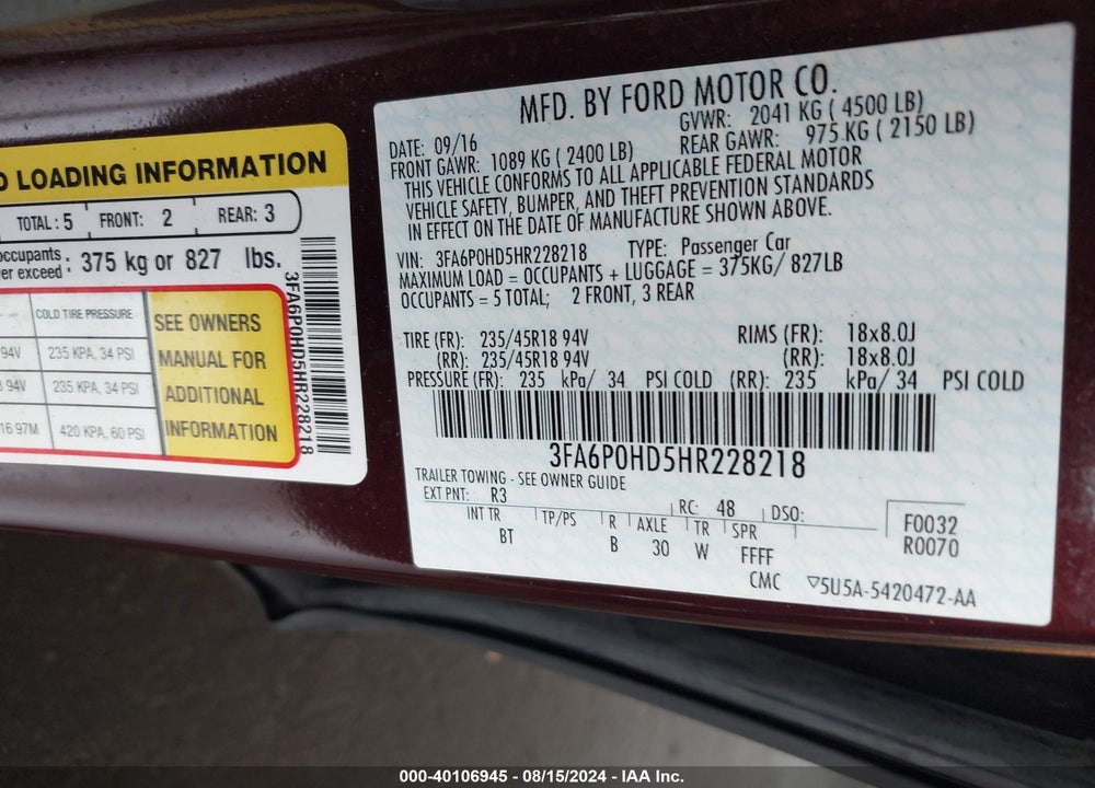 2017 FORD FUSION SE VIN: 3FA6P0HD5HR228218