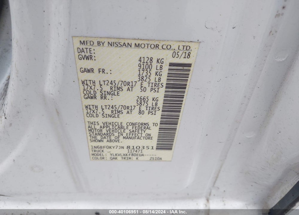 2018 NISSAN NV CARGO NV2500 HD SV V6 VIN: 1N6BF0KY7JN810351