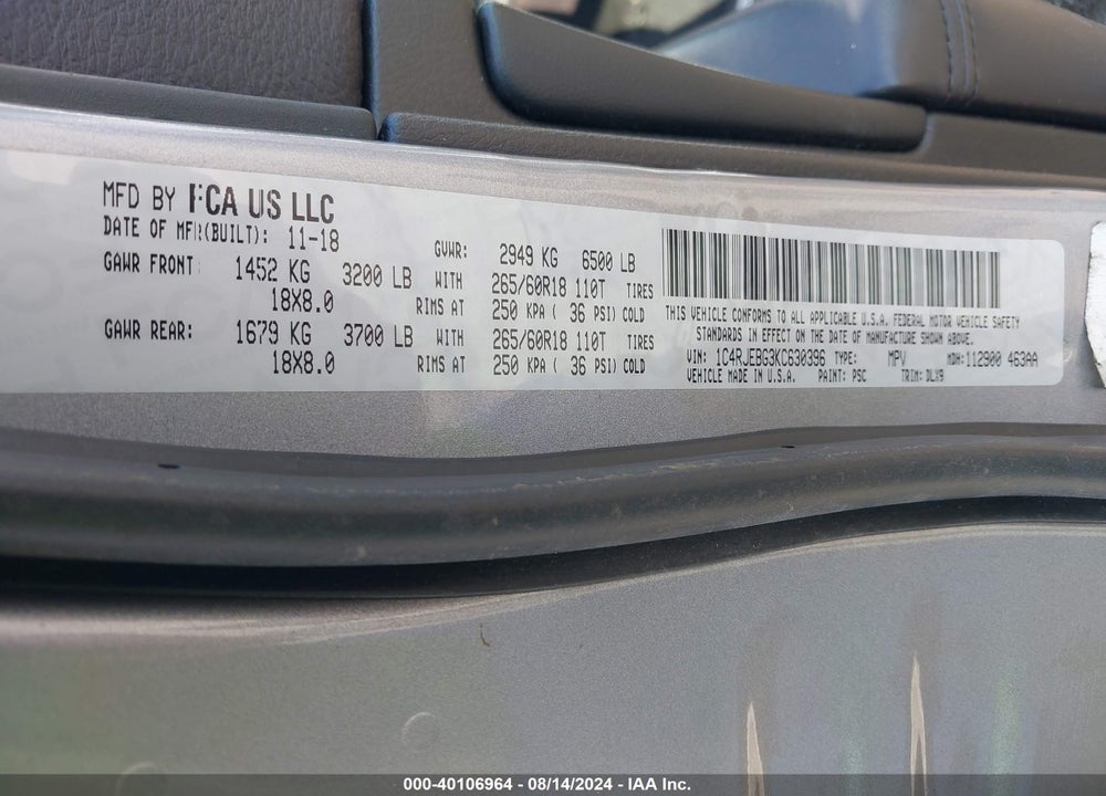 2019 JEEP GRAND CHEROKEE LIMITED 4X2 VIN: 1C4RJEBG3KC630396