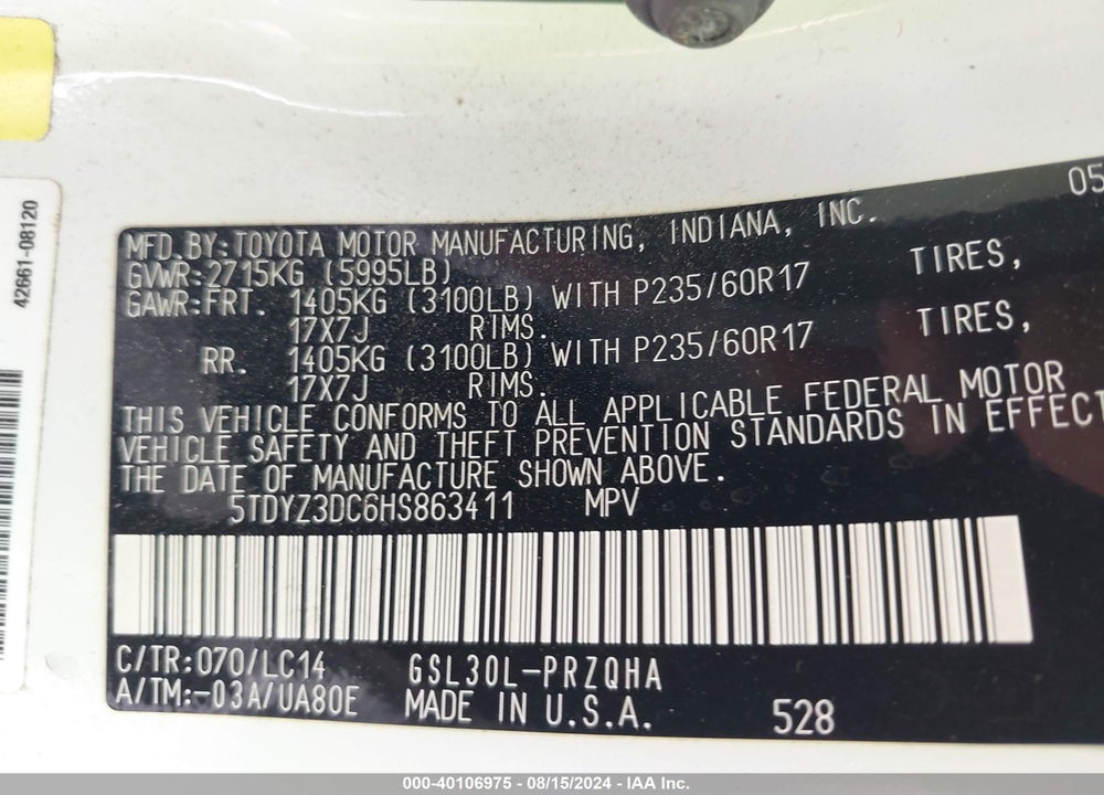 2017 TOYOTA SIENNA XLE 8 PASSENGER VIN: 5TDYZ3DC6HS863411