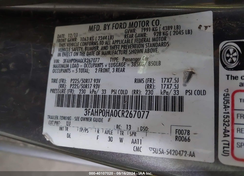 2012 FORD FUSION SE VIN: 3FAHP0HA0CR267077