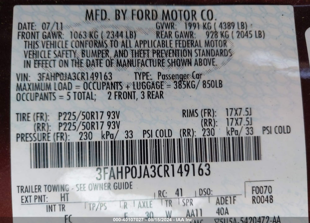 2012 FORD FUSION SEL VIN: 3FAHP0JA3CR149163