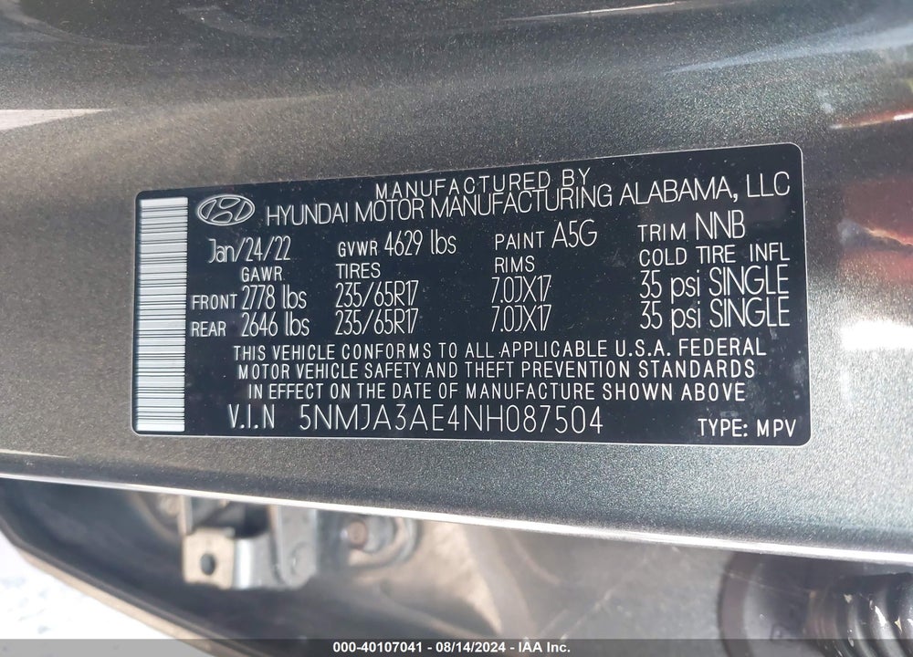 2022 HYUNDAI TUCSON SE VIN: 5NMJA3AE4NH087504