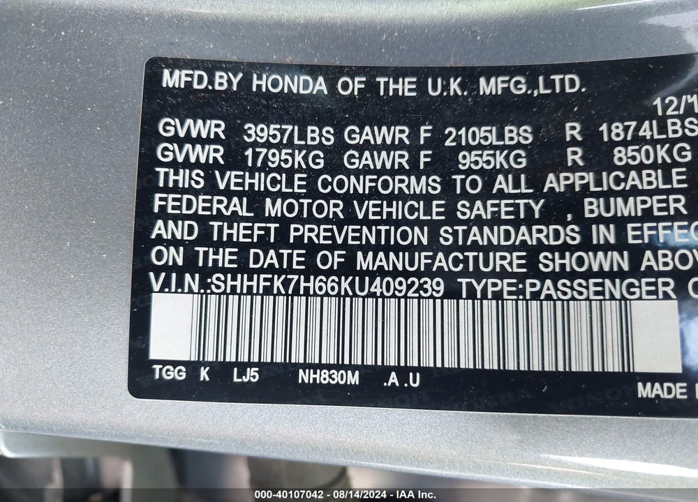 2019 HONDA CIVIC EX VIN: SHHFK7H66KU409239