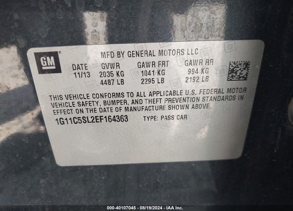 2014 CHEVROLET MALIBU 1LT VIN: 1G11C5SL2EF164363