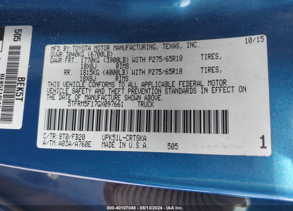 2016 TOYOTA TUNDRA SR5 4.6L V8 VIN: 5TFRM5F17GX097661