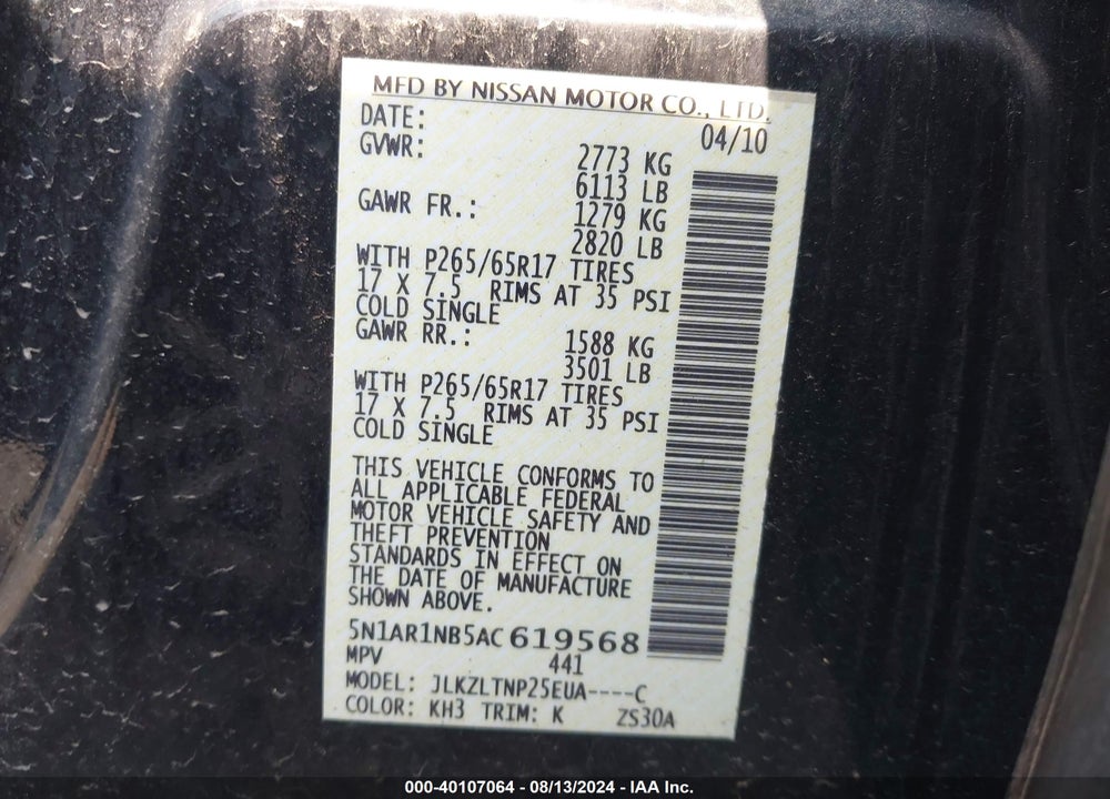 2010 NISSAN PATHFINDER SE VIN: 5N1AR1NB5AC619568