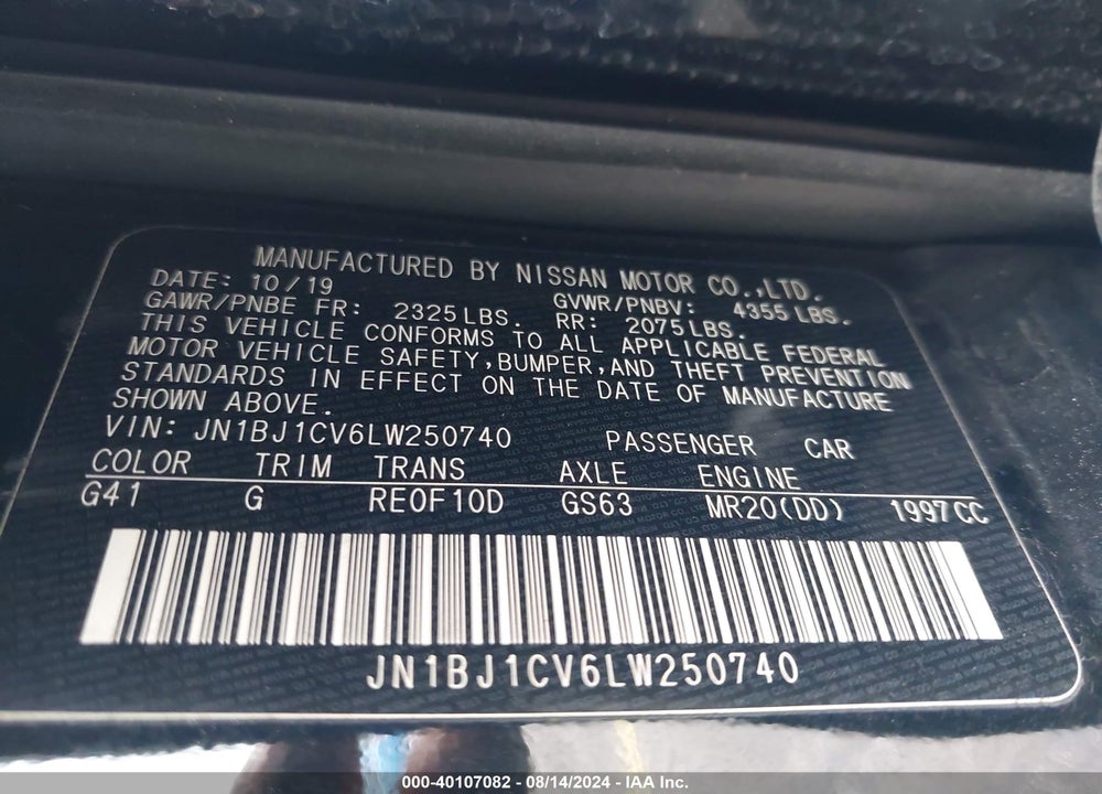 2020 NISSAN ROGUE SPORT SV FWD XTRONIC CVT VIN: JN1BJ1CV6LW250740