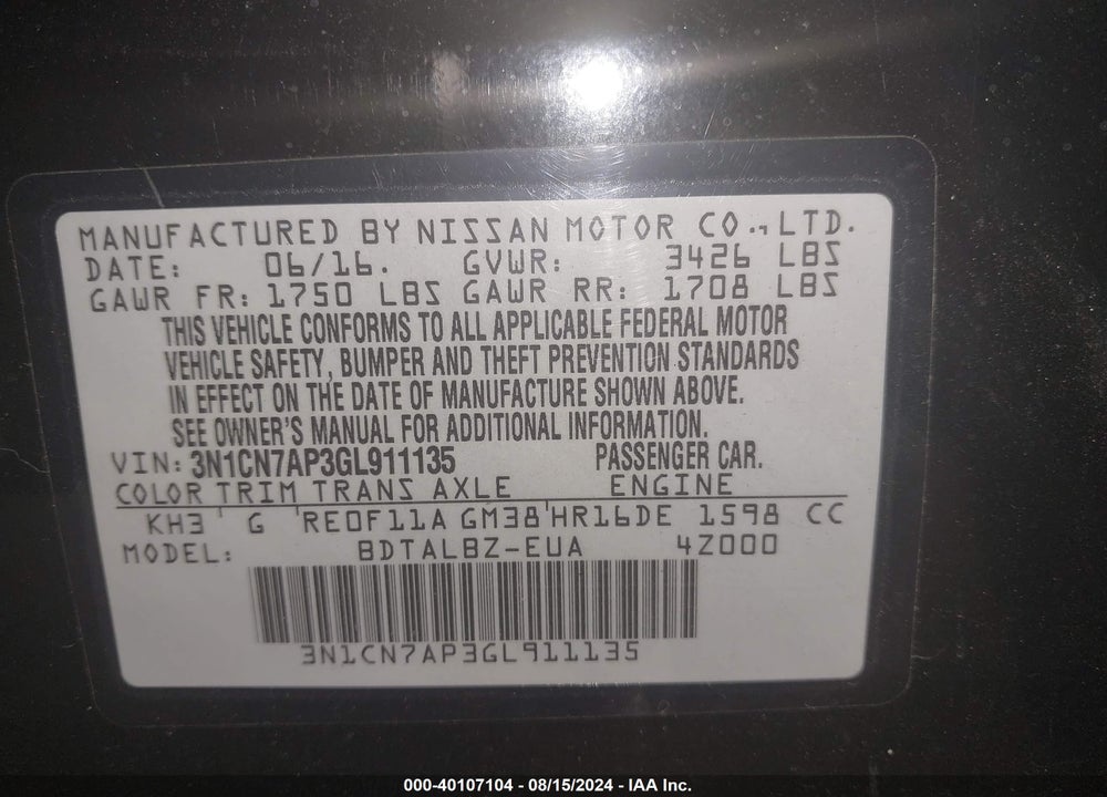 2016 NISSAN VERSA 1.6 SV VIN: 3N1CN7AP3GL911135