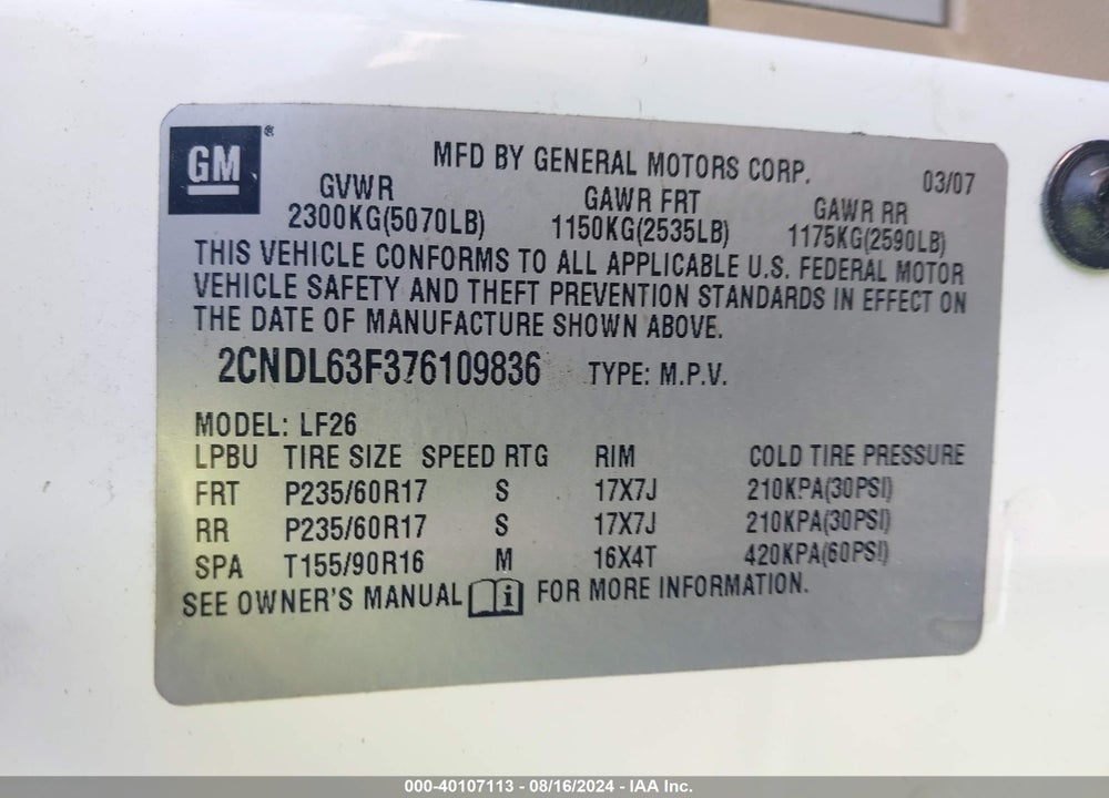 2007 CHEVROLET EQUINOX LT VIN: 2CNDL63F376109836