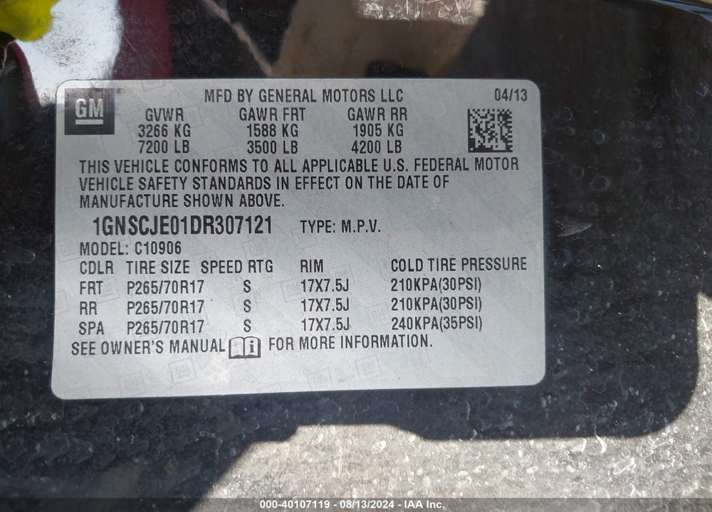 2013 CHEVROLET SUBURBAN 1500 LT VIN: 1GNSCJE01DR307121
