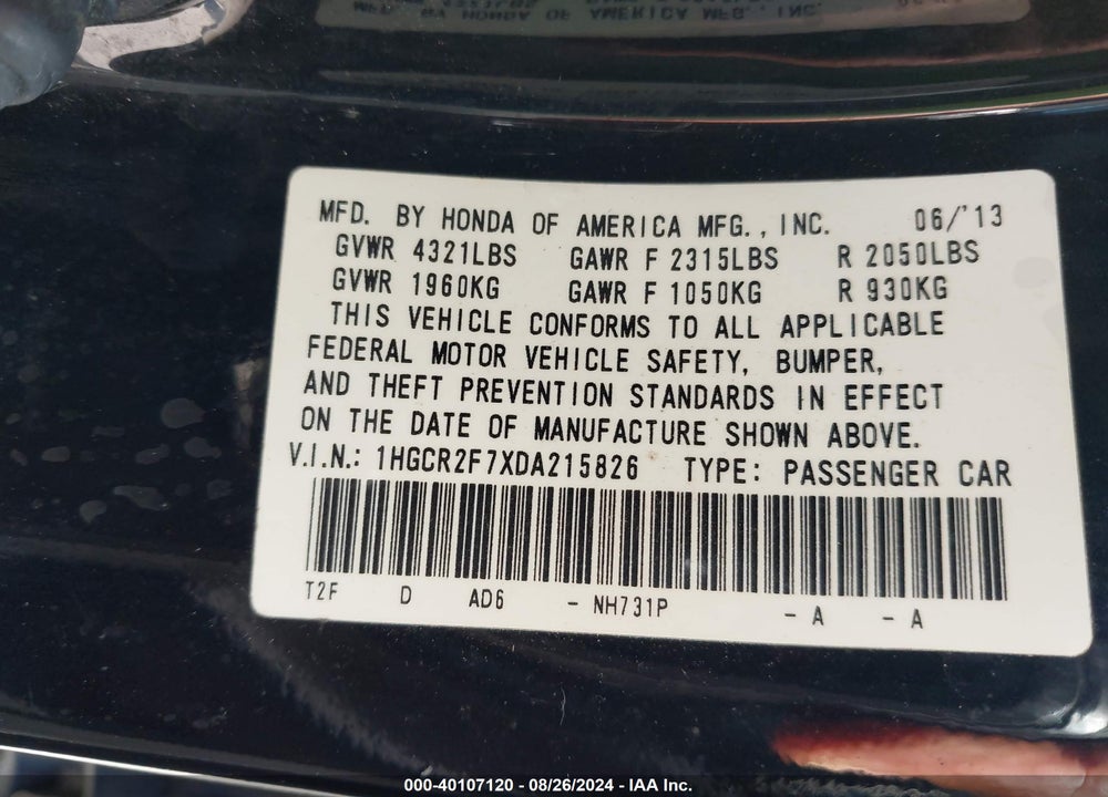 2013 HONDA ACCORD EX VIN: 1HGCR2F7XDA215826