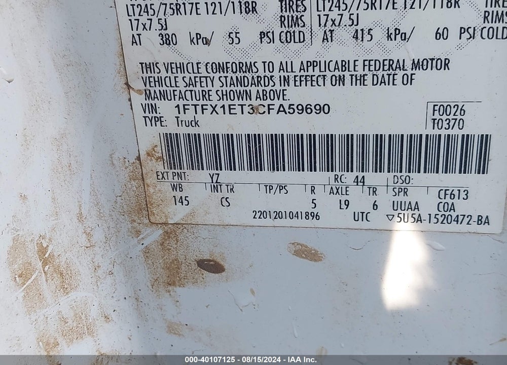 2012 FORD F-150 VIN: 1FTFX1ET3CFA59690