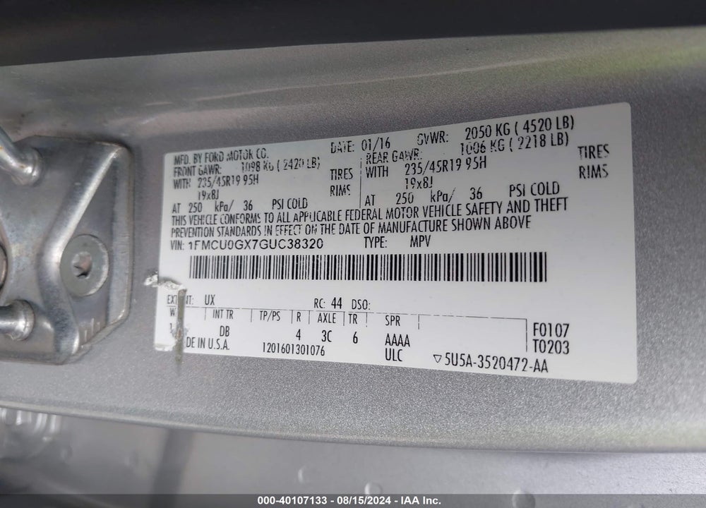 2016 FORD ESCAPE SE VIN: 1FMCU0GX7GUC38320